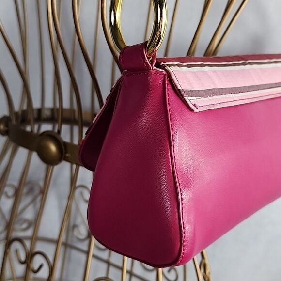 Silk Flap Fuschia Shoulder Bag with Matching Strap & Gold Tone Hardware - Picture 7 of 16